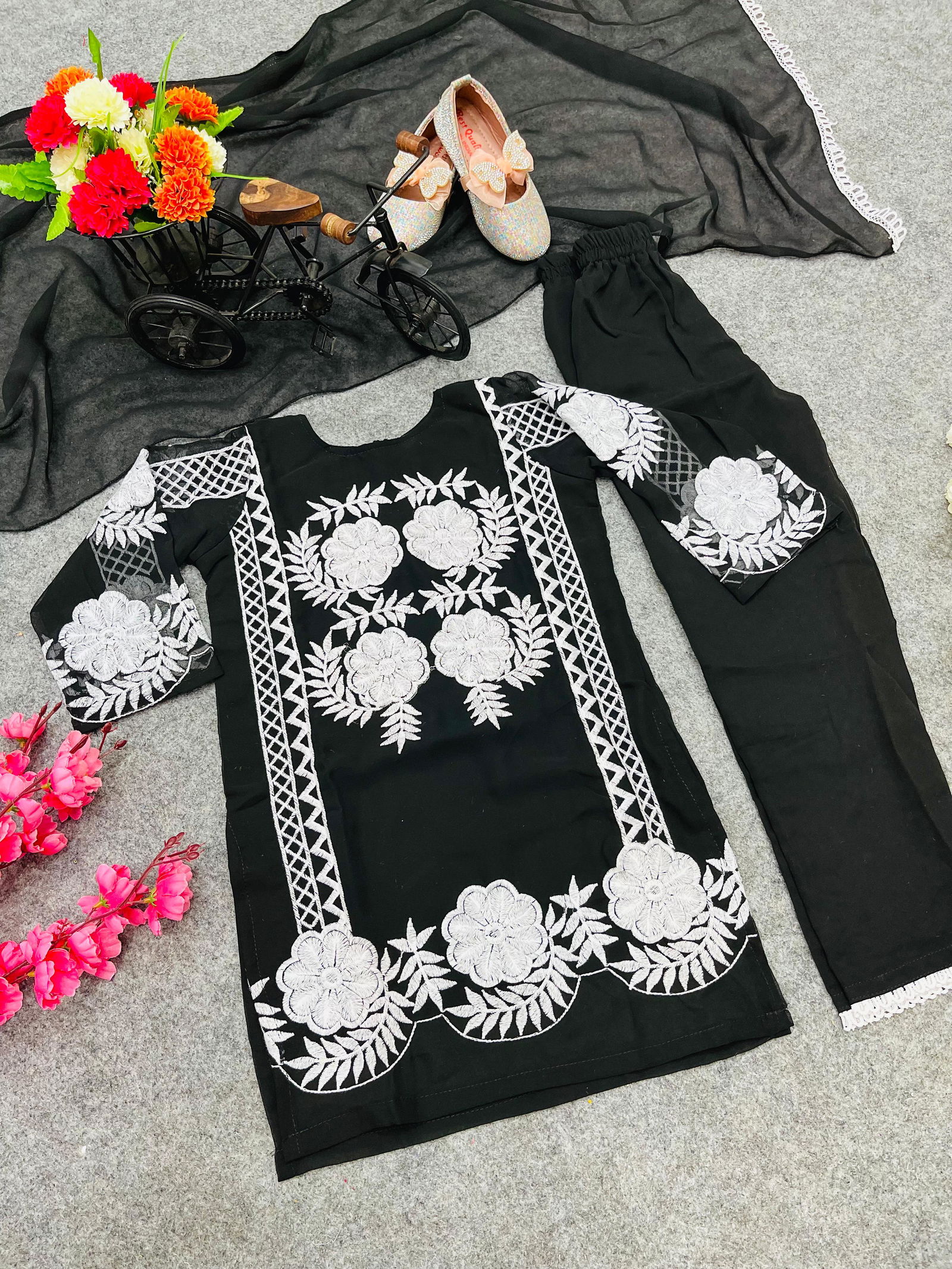 OC 141 Faux Georgette Embroidery Kids Girl Wear Kurti With Bottom Dupatta Wholesale Online